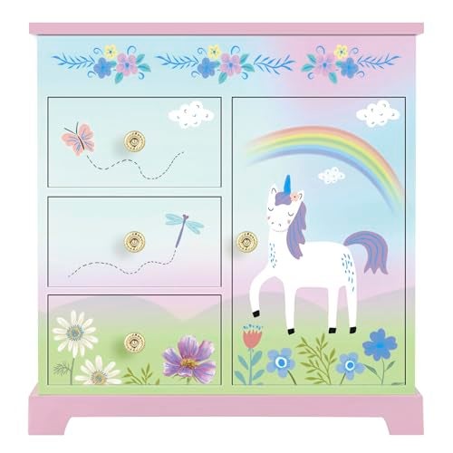 RR ROUND RICH DESIGN Big Music Jewelry Box for Girls with 3 Drawers and Lagrge Storage Paired Foil Gold Unicorn Theme Spinning Playback the Tune for Beautiful Dream Song Pink-Green - Image 1