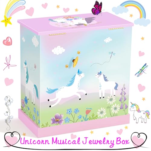 RR ROUND RICH DESIGN Big Music Jewelry Box for Girls with 3 Drawers and Lagrge Storage Paired Foil Gold Unicorn Theme Spinning Playback the Tune for Beautiful Dream Song Pink-Green - Image 5