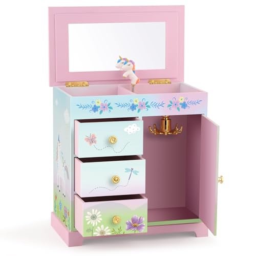 RR ROUND RICH DESIGN Big Music Jewelry Box for Girls with 3 Drawers and Lagrge Storage Paired Foil Gold Unicorn Theme Spinning Playback the Tune for Beautiful Dream Song Pink-Green - Image 3