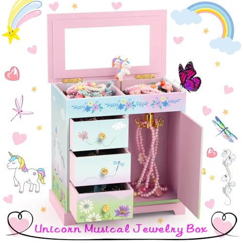 RR ROUND RICH DESIGN Big Music Jewelry Box for Girls with 3 Drawers and Lagrge Storage Paired Foil Gold Unicorn Theme Spinning Playback the Tune for Beautiful Dream Song Pink-Green - Image 2