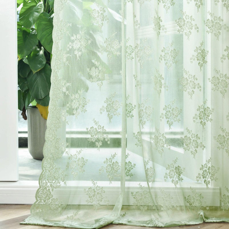 Kotile Sage Green Sheer Curtains 45 Inch Length for Kitchen Window  Country Rustic Floral Spring Sheer Lace Curtains  Rod Pocket Privacy Short Lace Curtains  52 x 45 Inch  2 Panels  Sage Green - Image 1