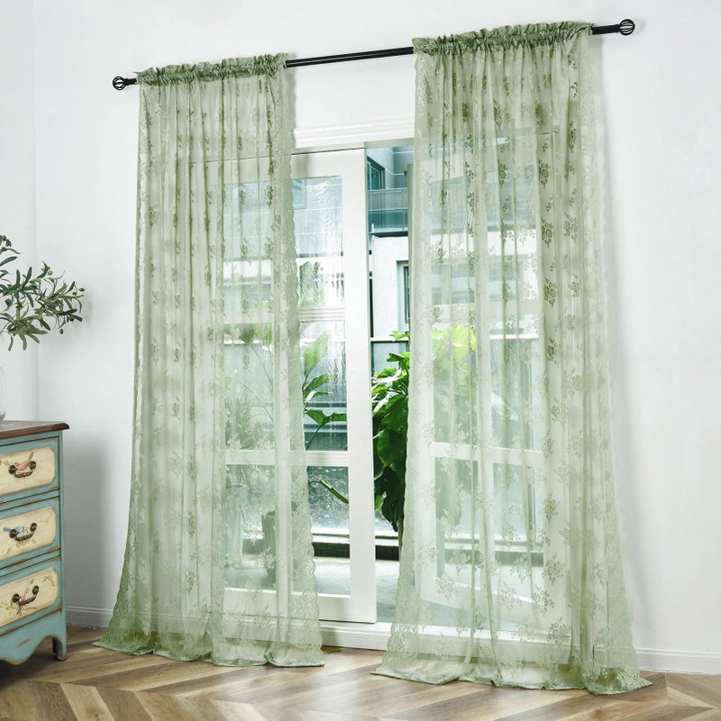 Kotile Sage Green Sheer Curtains 45 Inch Length for Kitchen Window  Country Rustic Floral Spring Sheer Lace Curtains  Rod Pocket Privacy Short Lace Curtains  52 x 45 Inch  2 Panels  Sage Green - Image 2