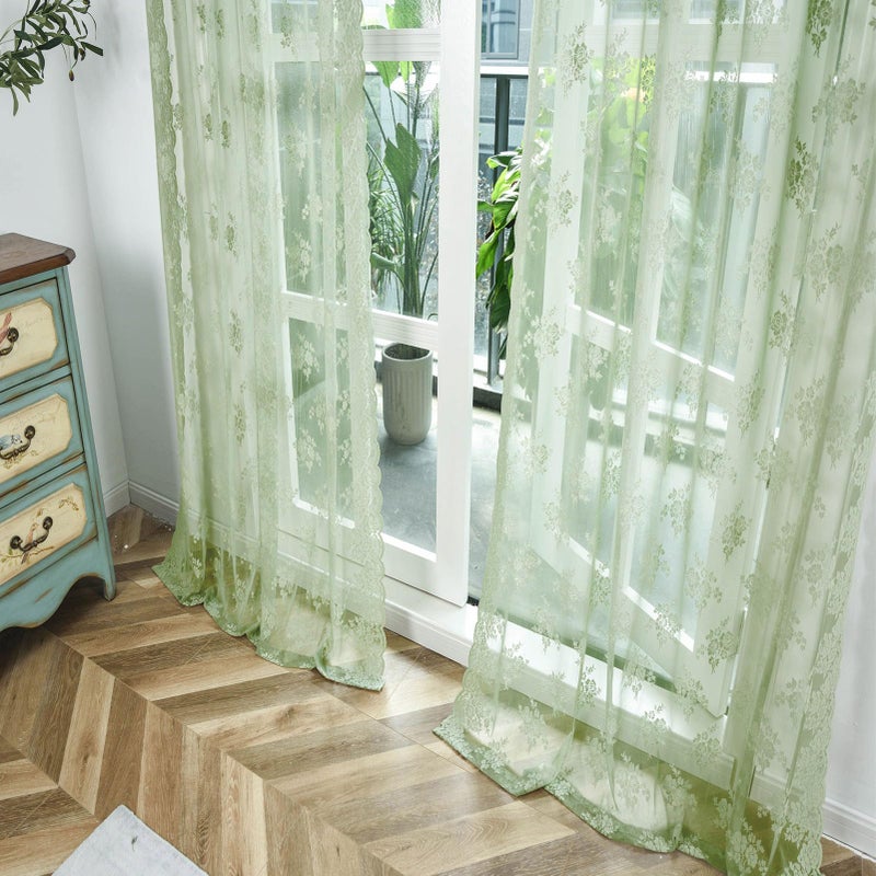 Kotile Sage Green Sheer Curtains 45 Inch Length for Kitchen Window  Country Rustic Floral Spring Sheer Lace Curtains  Rod Pocket Privacy Short Lace Curtains  52 x 45 Inch  2 Panels  Sage Green - Image 4
