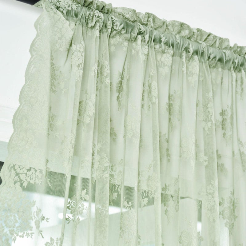 Kotile Sage Green Sheer Curtains 45 Inch Length for Kitchen Window  Country Rustic Floral Spring Sheer Lace Curtains  Rod Pocket Privacy Short Lace Curtains  52 x 45 Inch  2 Panels  Sage Green - Image 3