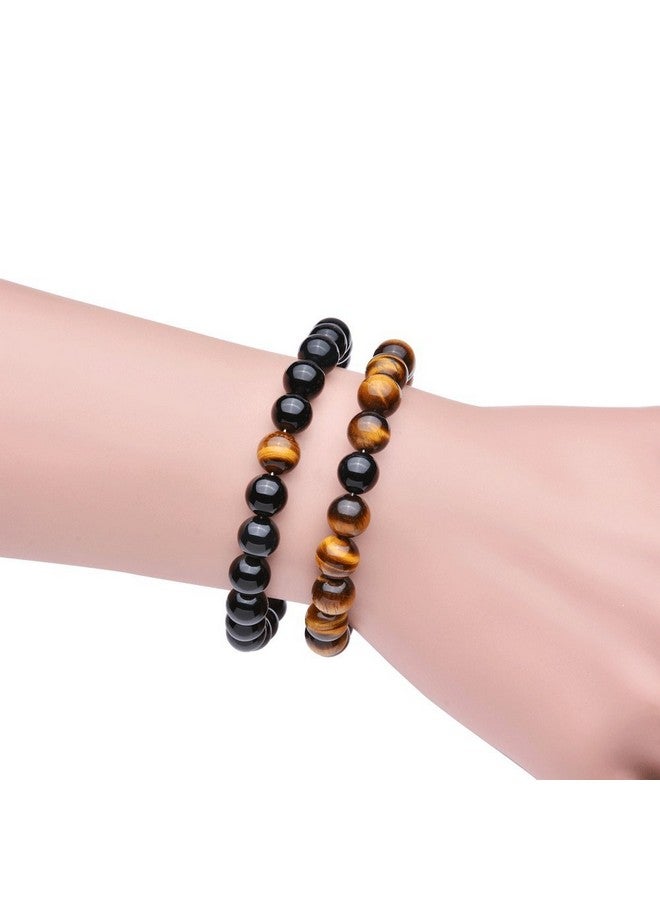 Wanmei أساور المسافة من أحجار الطاقة الشفائية من العقيق الأسود غير اللامع وعين النمر 8 مم للأزواج (2 قطعة) - Image 5