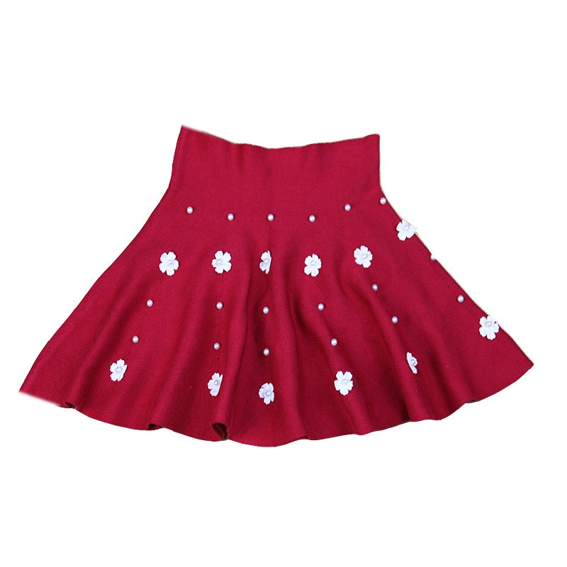Girls Tulle Tutu Skirt 2024 Spring/Fall Korean Short Style Knitted Cute Red plum blossom 