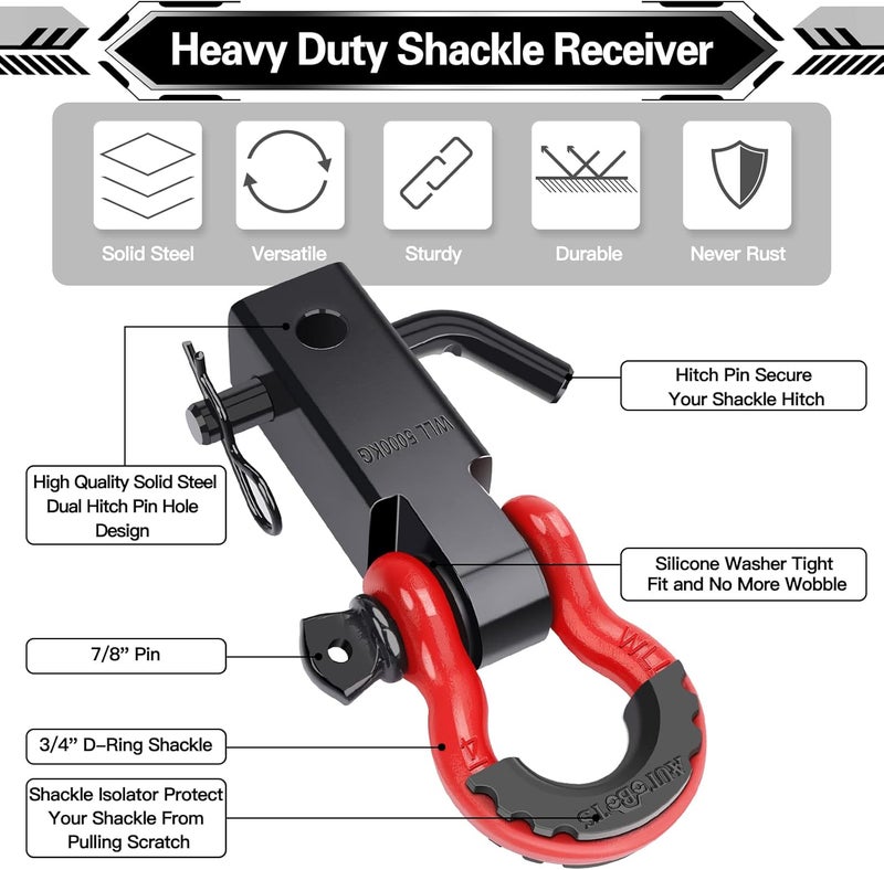 AUTOBOTS Shackle Hitch Receiver 2", 45,000 Lbs Break Strength Heavy Duty Receiver with 5/8" Screw Pin, 3/4" D Ring Shackles, Towing Accessories for Vehicle Recovery Off-Road, Red&Black - Image 2