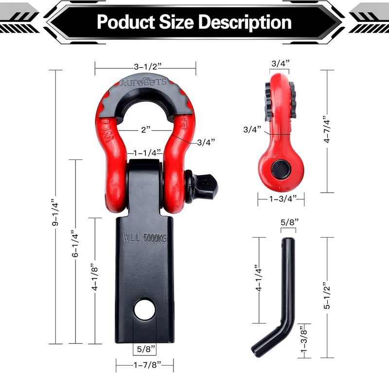 AUTOBOTS Shackle Hitch Receiver 2", 45,000 Lbs Break Strength Heavy Duty Receiver with 5/8" Screw Pin, 3/4" D Ring Shackles, Towing Accessories for Vehicle Recovery Off-Road, Red&Black - Image 3