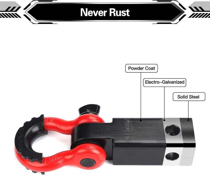 AUTOBOTS Shackle Hitch Receiver 2", 45,000 Lbs Break Strength Heavy Duty Receiver with 5/8" Screw Pin, 3/4" D Ring Shackles, Towing Accessories for Vehicle Recovery Off-Road, Red&Black - Image 4