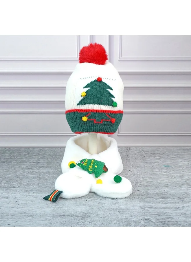 LITTLE SURPRISE BOX 2Pcs White Tree Christmas Themed Winter Cap Beanie With Matching Long Style Neck Muffler For Kids