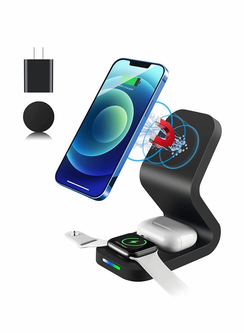 Excefore Wireless Charger 3 in 1 Wireless Charging Station Magnetic Qi Certified Fast Charging Stand for 13/13 Pro/13 Pro Max/13 mini/12/12 Pro Max/11/X for iWatch SE/6/5/4/3/2(with Adapter) - Image 1