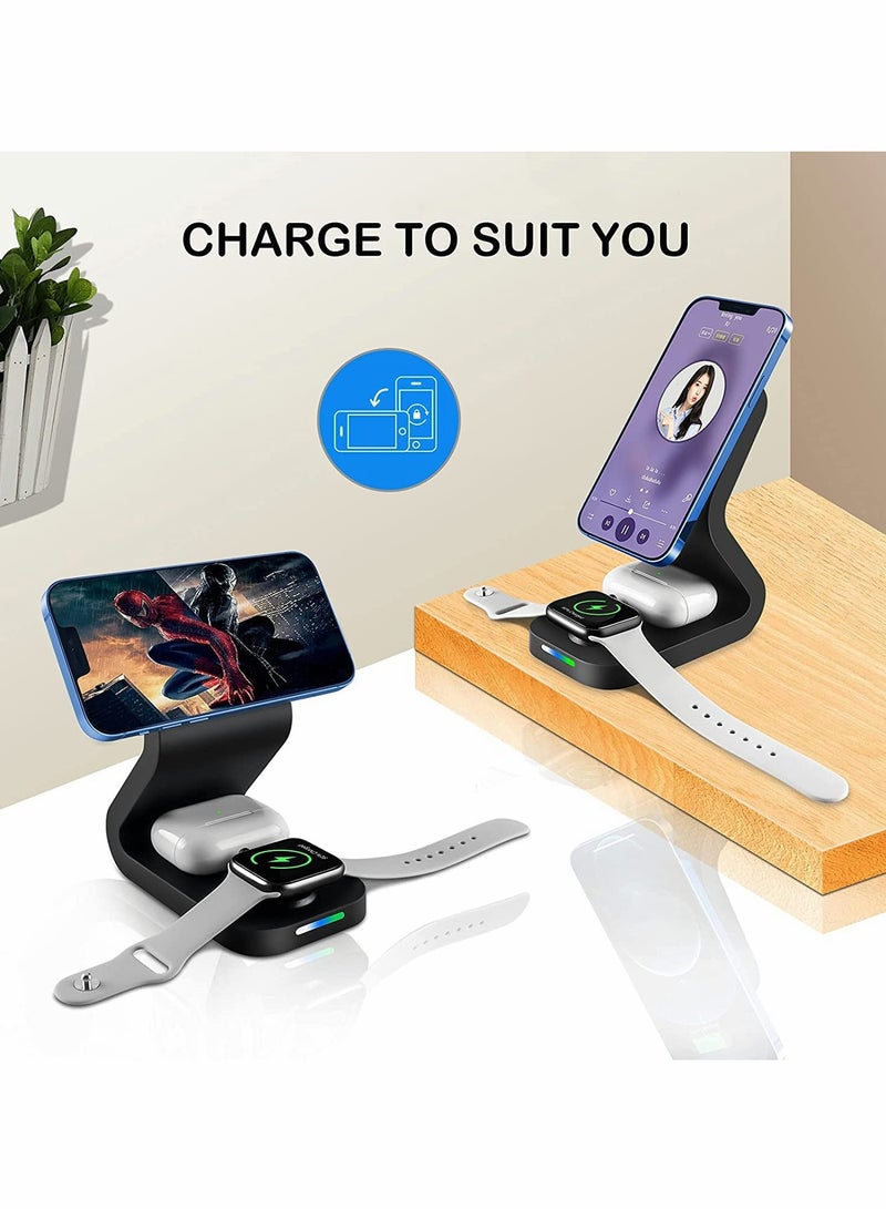 Excefore Wireless Charger 3 in 1 Wireless Charging Station Magnetic Qi Certified Fast Charging Stand for 13/13 Pro/13 Pro Max/13 mini/12/12 Pro Max/11/X for iWatch SE/6/5/4/3/2(with Adapter) - Image 2