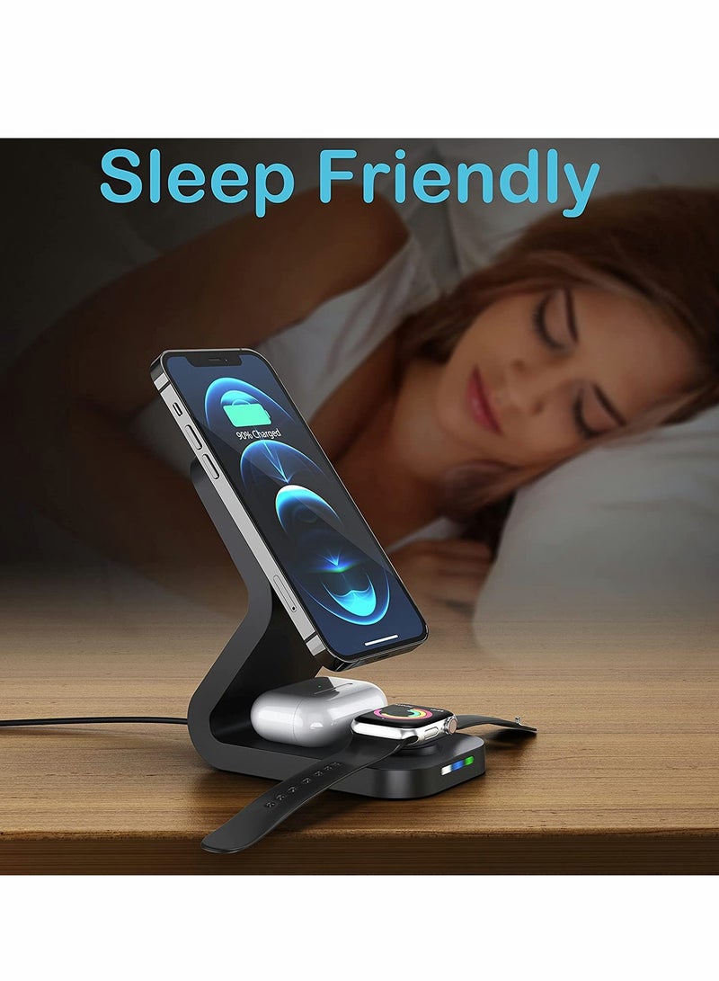 Excefore Wireless Charger 3 in 1 Wireless Charging Station Magnetic Qi Certified Fast Charging Stand for 13/13 Pro/13 Pro Max/13 mini/12/12 Pro Max/11/X for iWatch SE/6/5/4/3/2(with Adapter) - Image 3