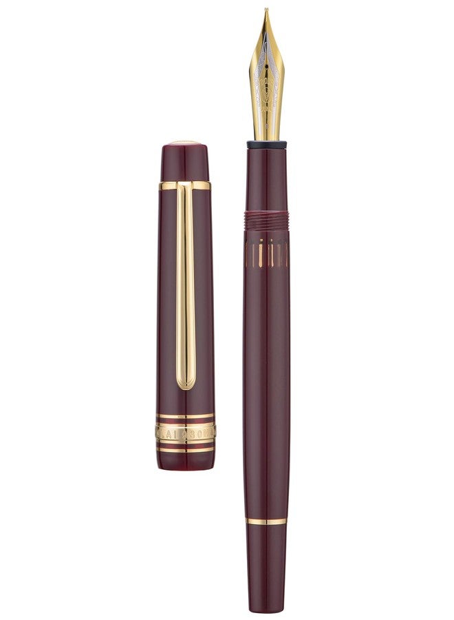 Wikult Yongsheng Junlai 930 Acrylic Fountain Pen, Size 9 Medium Nib with Piston Filling System, Wine Red Fence Ink Tank with Flat Top Design Smooth Writing Pen (Gold Trim) - Image 1