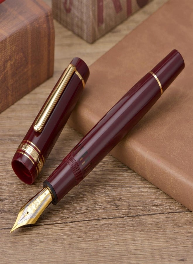 Wikult Yongsheng Junlai 930 Acrylic Fountain Pen, Size 9 Medium Nib with Piston Filling System, Wine Red Fence Ink Tank with Flat Top Design Smooth Writing Pen (Gold Trim) - Image 5