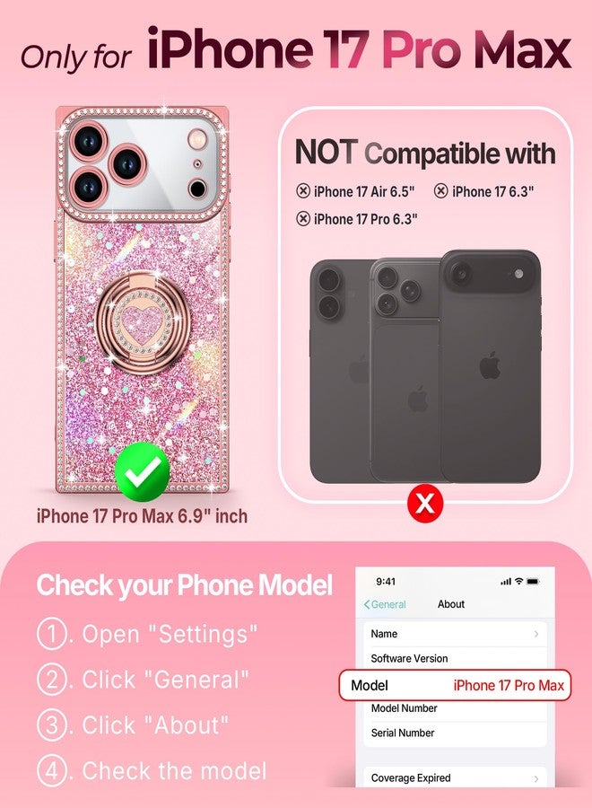 XYZ for iPhone 17 Pro Max Case, Glitter Bling Phone Cover with 2-Ring Heart Stand & Lanyard, Women Girls Luxury Rhinestone Shockproof Protective Case for iPhone 17 Pro Max, Pink - Image 2