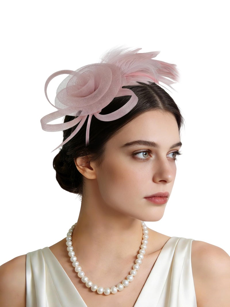 KUTTOR Women's Fascinator Feather Mesh Hat Hair Clip Headband, Tea Party Cocktail Wedding Headwear Gray Pink - Image 1