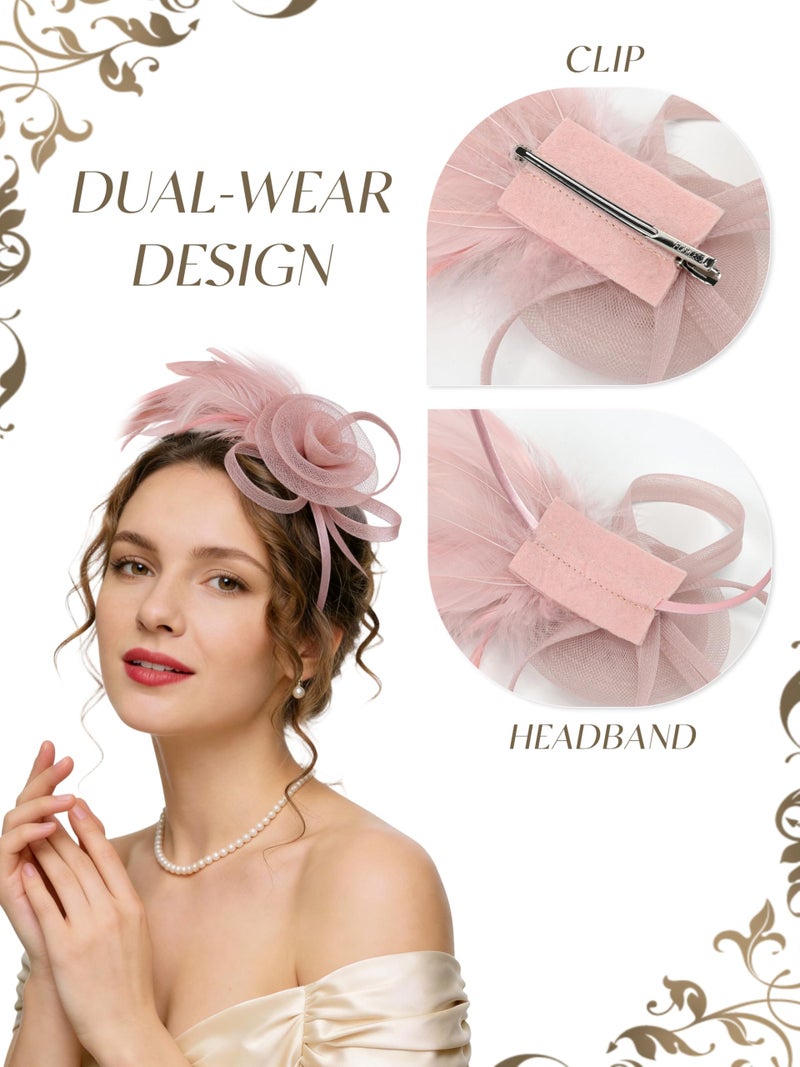 KUTTOR Women's Fascinator Feather Mesh Hat Hair Clip Headband, Tea Party Cocktail Wedding Headwear Gray Pink - Image 3