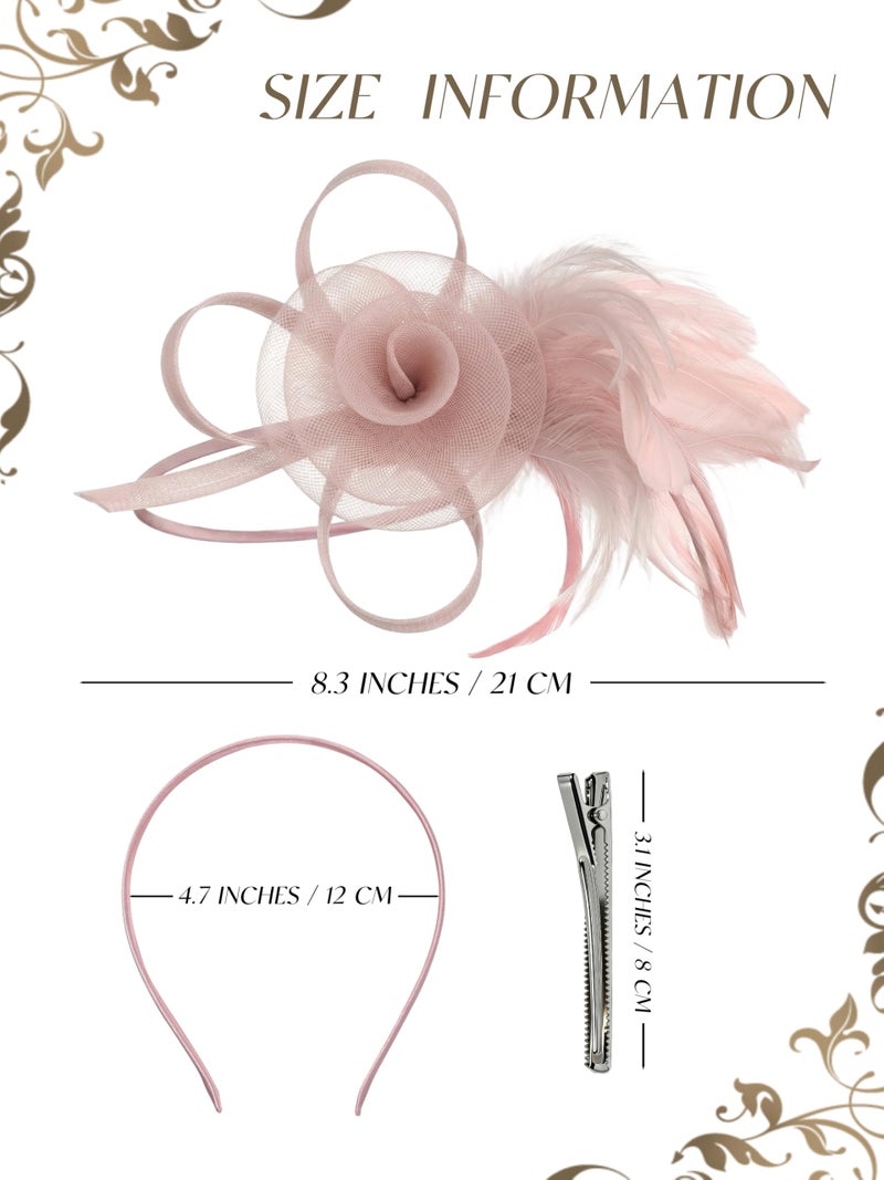 KUTTOR Women's Fascinator Feather Mesh Hat Hair Clip Headband, Tea Party Cocktail Wedding Headwear Gray Pink - Image 2