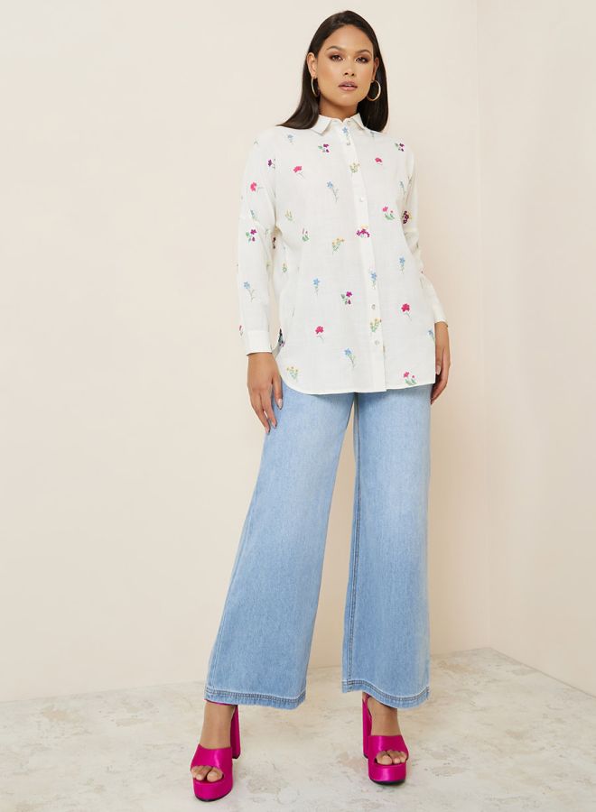 Styli All Over Embroidered Linen Look Longline Shirt  - Image 2