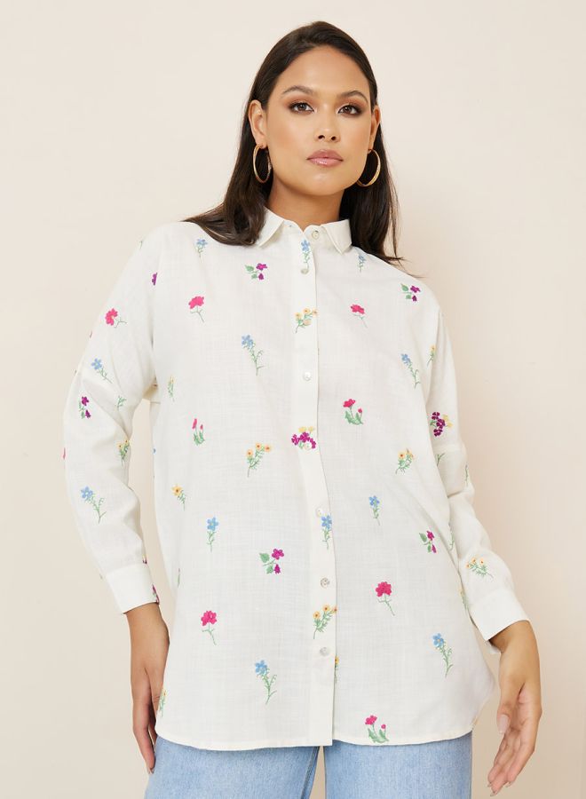 Styli All Over Embroidered Linen Look Longline Shirt  - Image 1