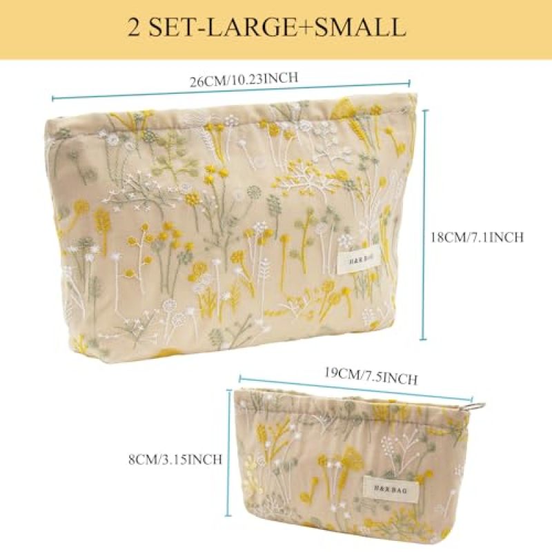 Yellow Embroidered Floral Makeup Bag Large-Capacity Set of 2 - Travel Toiletry Organizer for Cosmetics Essentials - Image 4