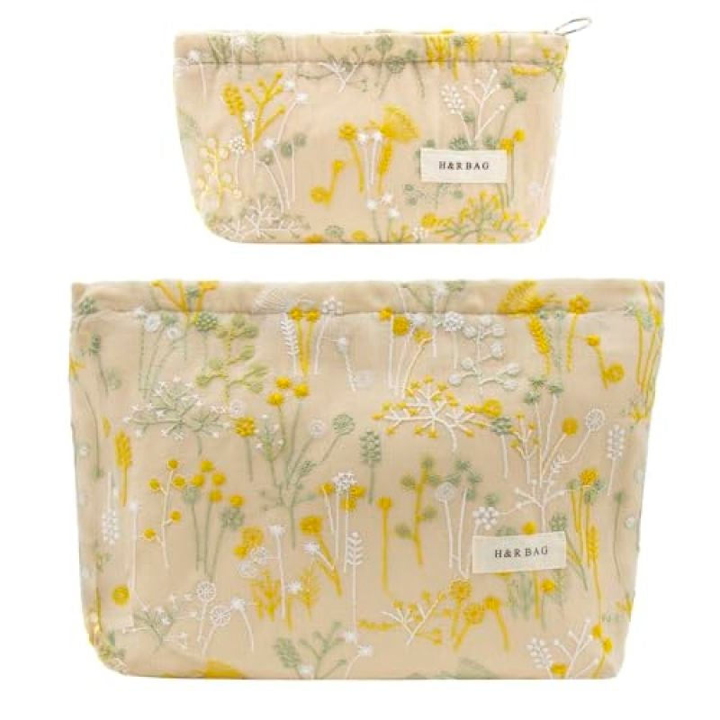 Yellow Embroidered Floral Makeup Bag Large-Capacity Set of 2 - Travel Toiletry Organizer for Cosmetics Essentials - Image 1