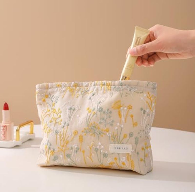 Yellow Embroidered Floral Makeup Bag Large-Capacity Set of 2 - Travel Toiletry Organizer for Cosmetics Essentials - Image 2