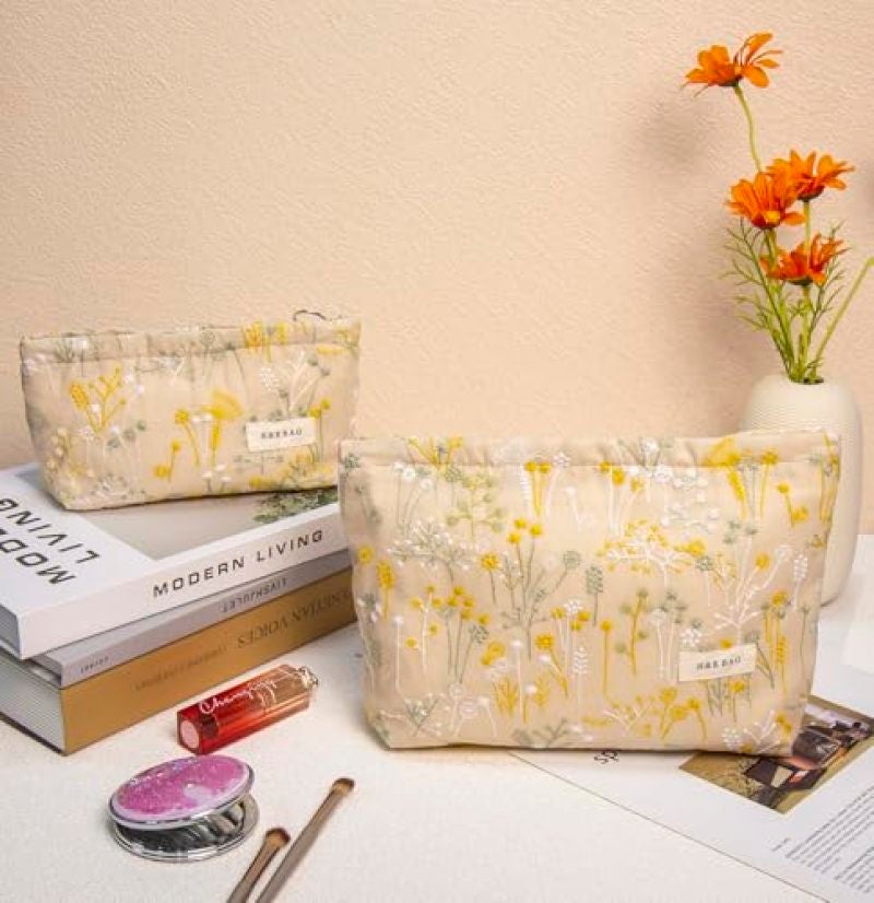 Yellow Embroidered Floral Makeup Bag Large-Capacity Set of 2 - Travel Toiletry Organizer for Cosmetics Essentials - Image 5