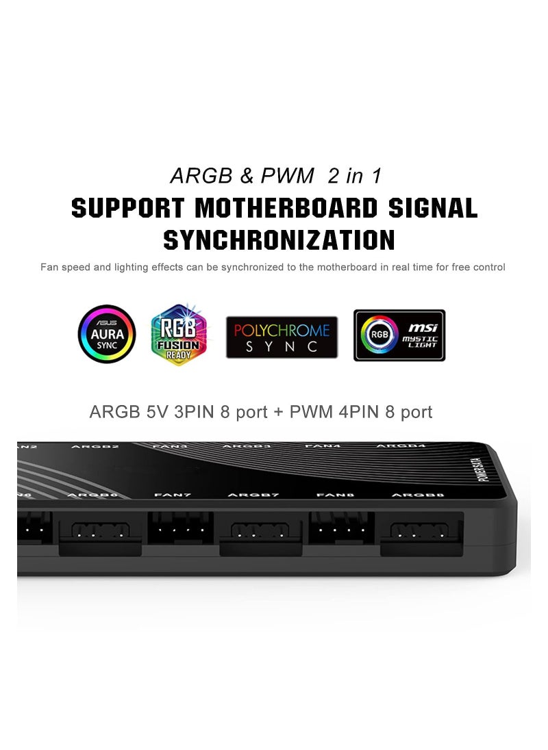 KASTWAVE - ARGB Fan HUB Controller, PWM Fan Hub Support 8 Groups of Fans for Addressable 5V 3Pin ARGB & 12V 4Pin PWM, 2-in-1 RGB Case Fan Hub with Hidden Magnetic Base and SATA Power - Image 1