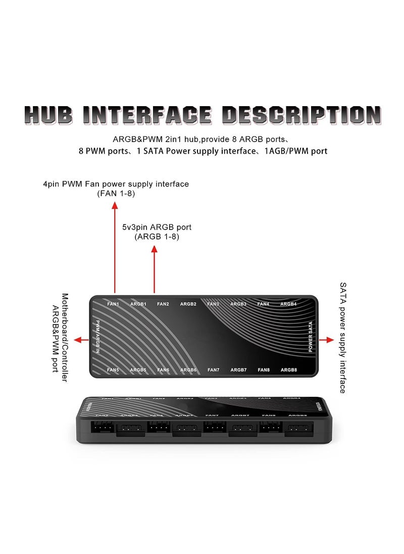 KASTWAVE - ARGB Fan HUB Controller, PWM Fan Hub Support 8 Groups of Fans for Addressable 5V 3Pin ARGB & 12V 4Pin PWM, 2-in-1 RGB Case Fan Hub with Hidden Magnetic Base and SATA Power - Image 1