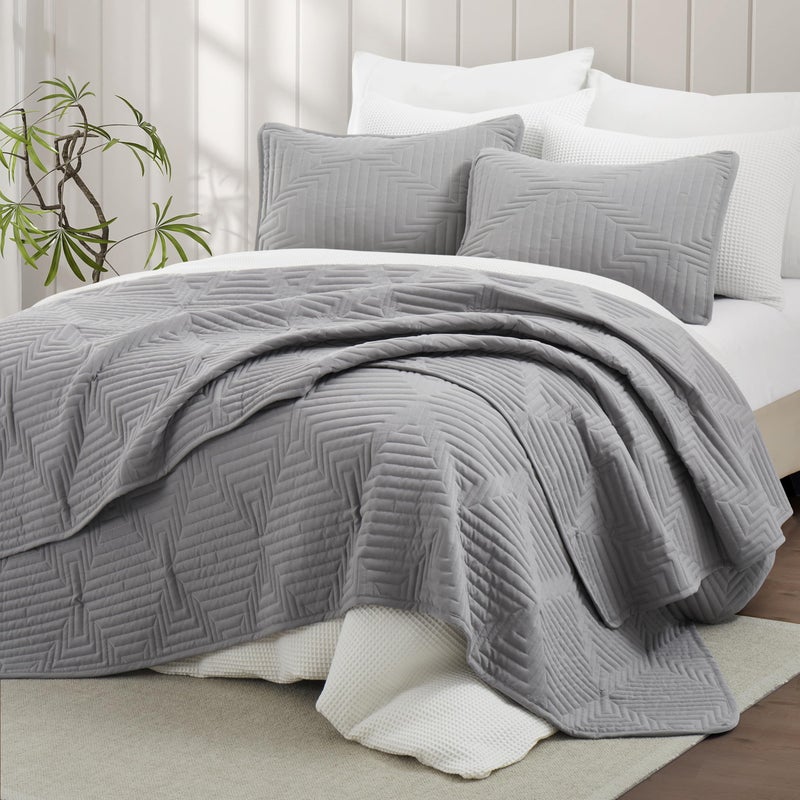 Oli Anderson King Quilt Set, Grey Lightweight Soft Bedspread Coverlet, Basket Weave Pattern Bedding, 3PCS Modern Geometric Stitching Textured Comforter Sets (1 Quilt and 2 Pillow Shams) - Image 2