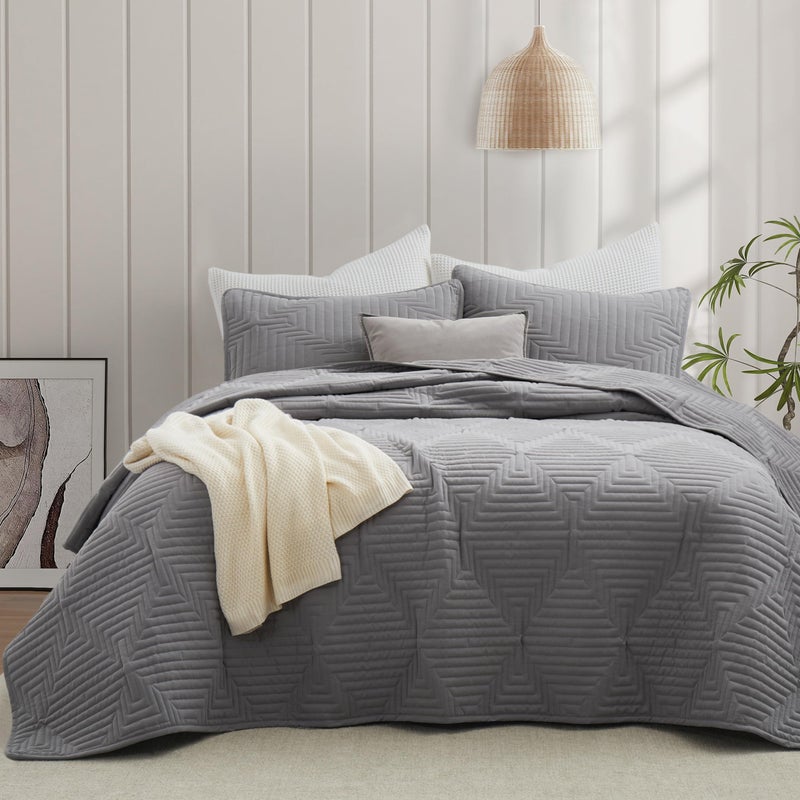 Oli Anderson King Quilt Set, Grey Lightweight Soft Bedspread Coverlet, Basket Weave Pattern Bedding, 3PCS Modern Geometric Stitching Textured Comforter Sets (1 Quilt and 2 Pillow Shams) - Image 1