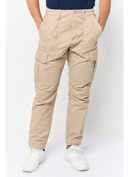 Men Regular Fit Solid Cargo Pant, Beige