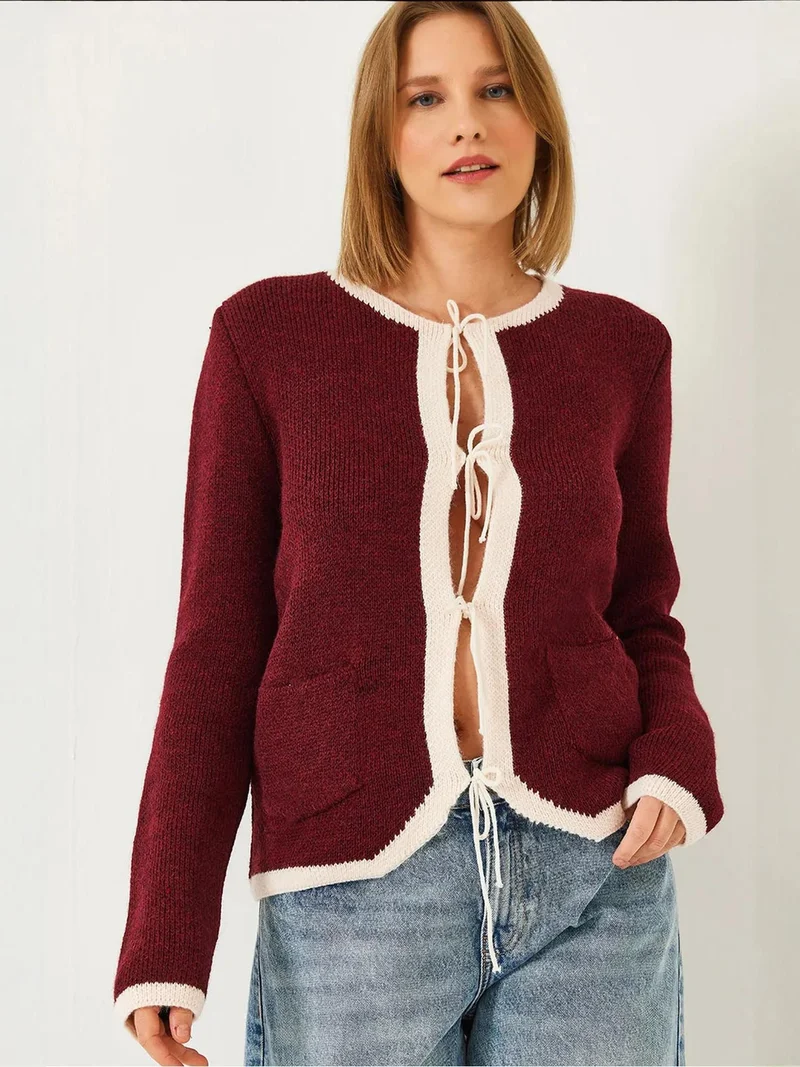 Bianco Lucci LUCCI Ribbed Knit Cardigan with Pompom Tie Closure