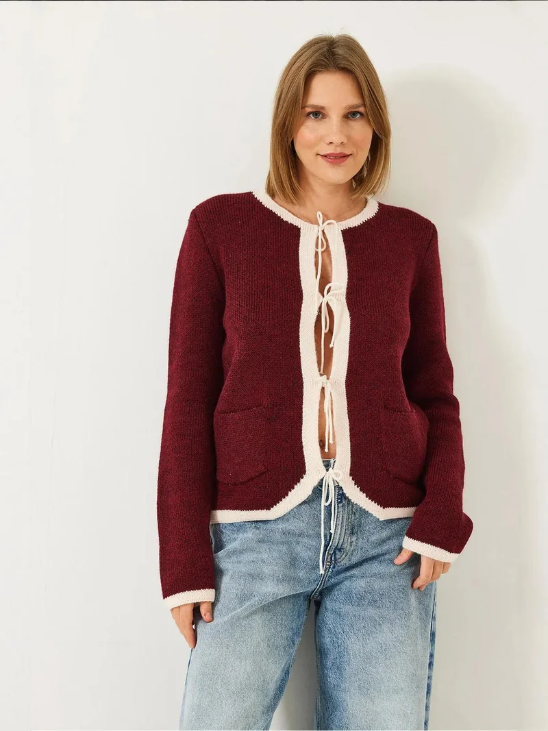 Bianco Lucci LUCCI Ribbed Knit Cardigan with Pompom Tie Closure