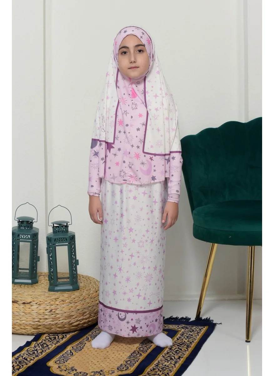 التوبة Children's Prayer Set Practical Two-Piece Patterned Sleeved Removable Lycra Hijab Dress with Headscarf (6-12 Years Old) 901-0301