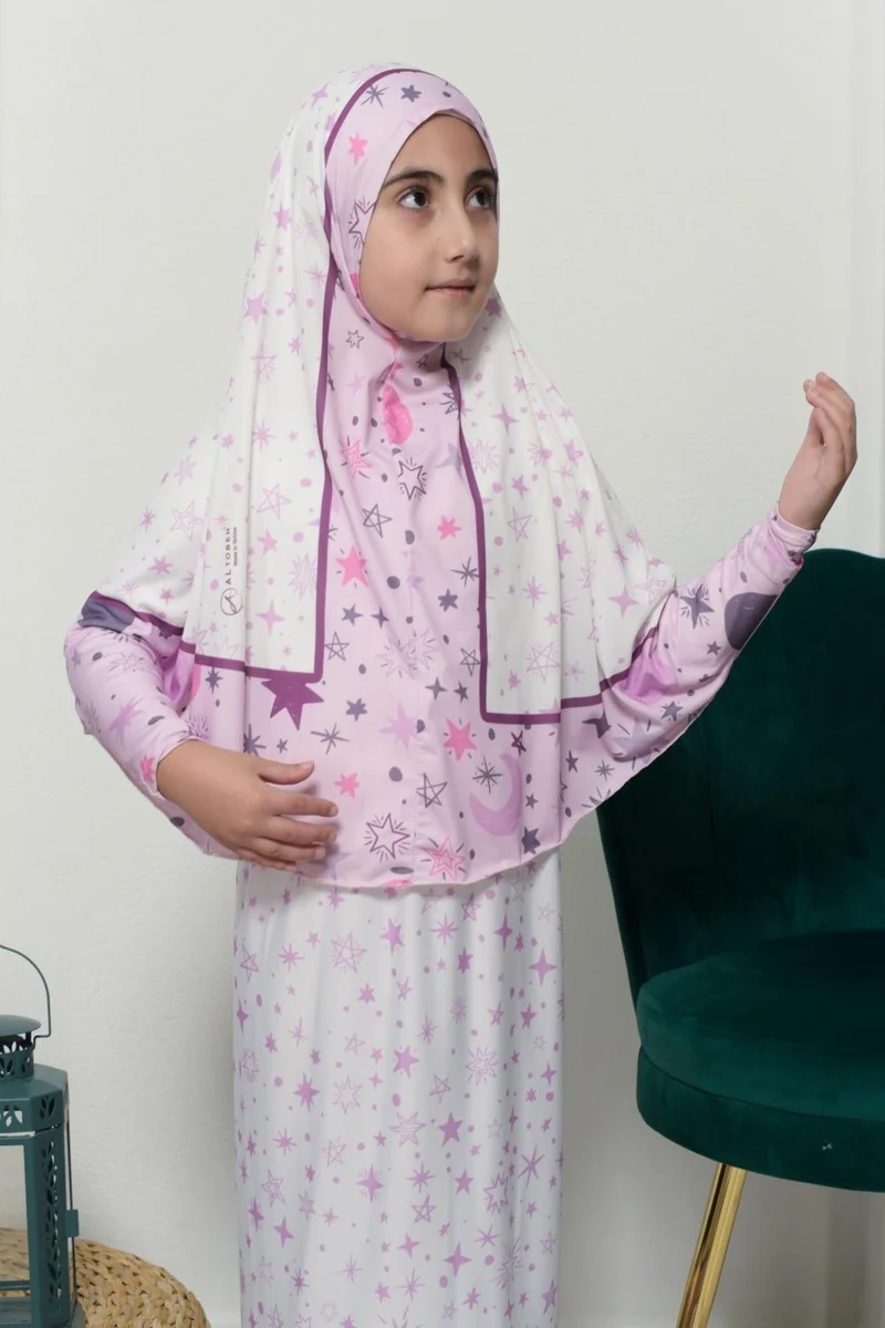 Altobeh Children's Prayer Set Practical Two-Piece Patterned Sleeved Removable Lycra Hijab Dress with Headscarf (6-12 Years Old) 901-0301