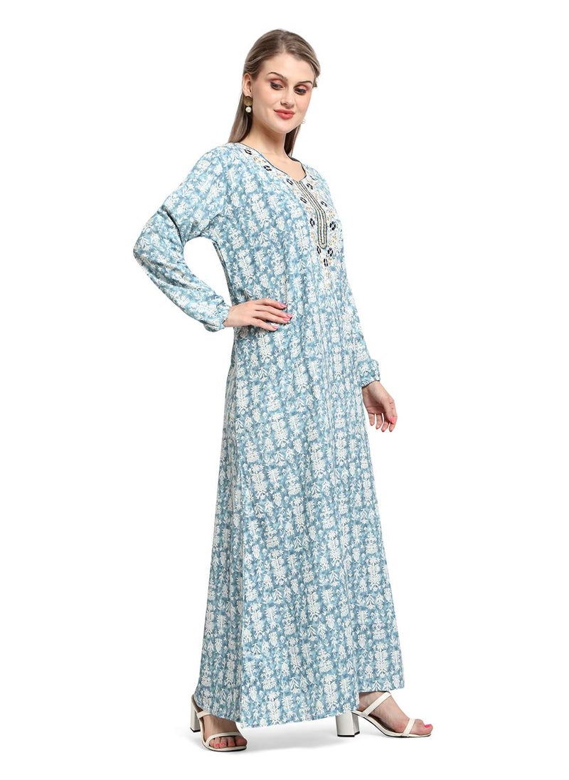 HANA & SARA - FLORAL EMBROIDRED BLUE COLOUR WITH PRINTED ARABIC KAFTAN CASUAL JALABIYA DRESS - Image 1