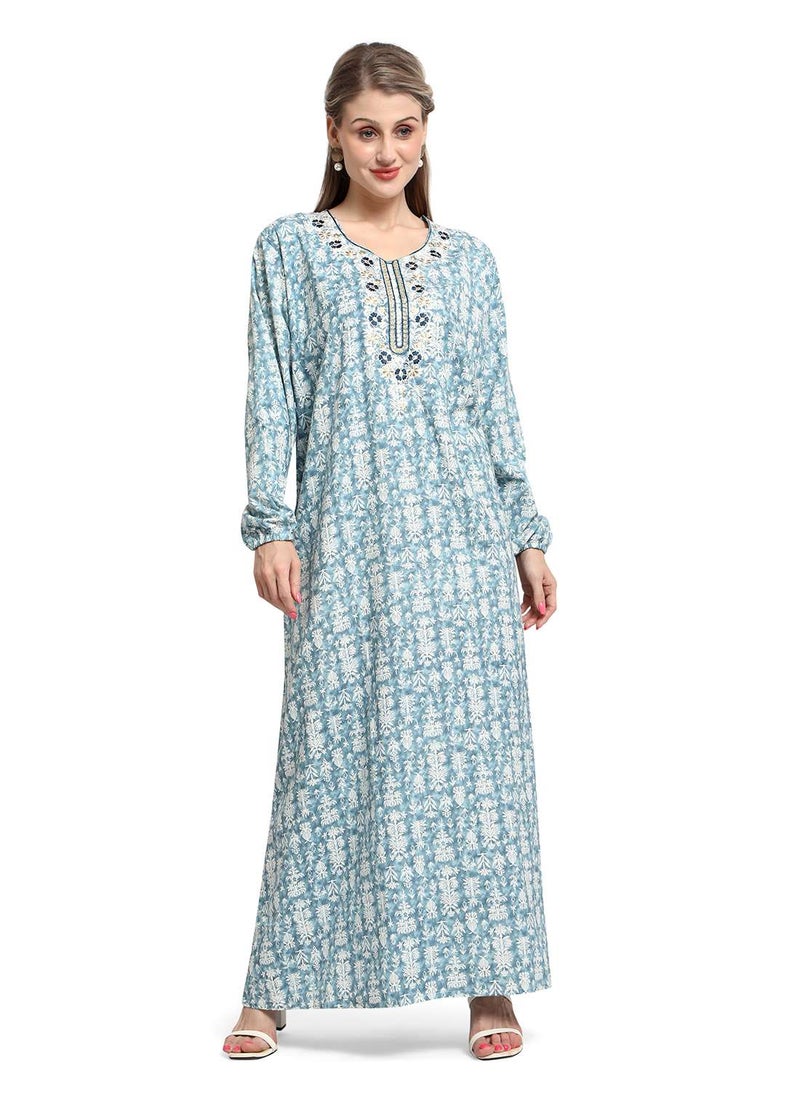 HANA & SARA - FLORAL EMBROIDRED BLUE COLOUR WITH PRINTED ARABIC KAFTAN CASUAL JALABIYA DRESS - Image 1