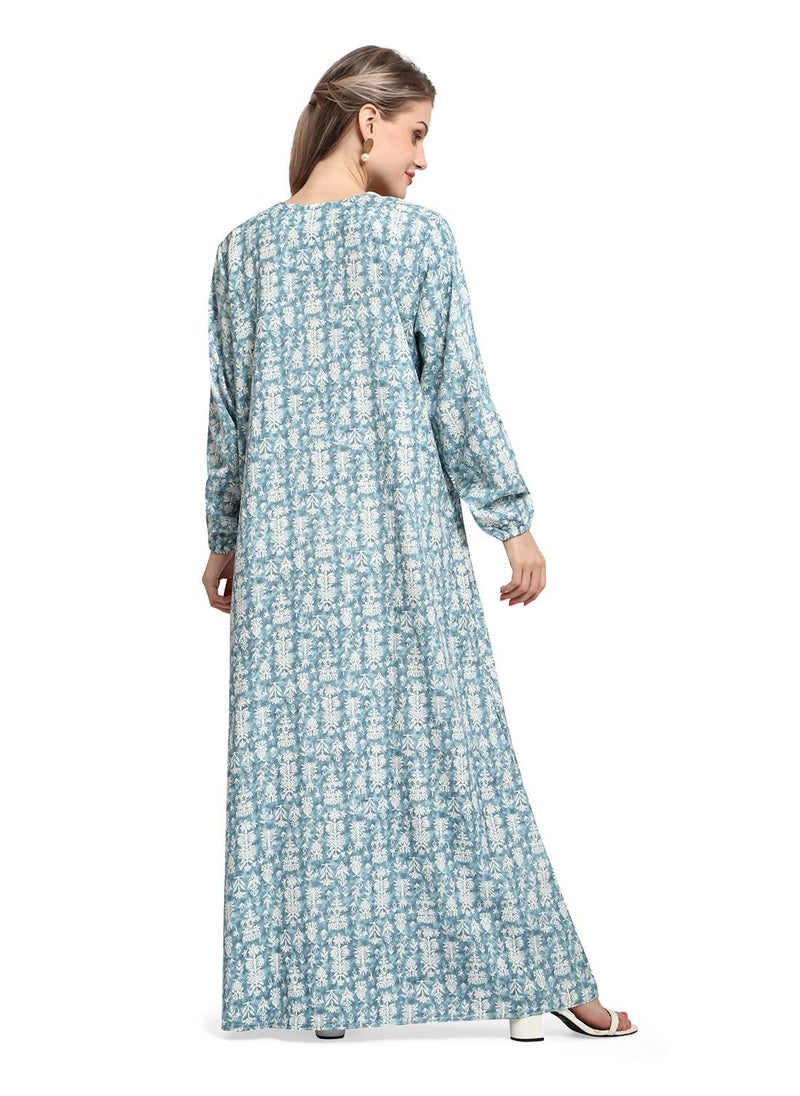 HANA & SARA - FLORAL EMBROIDRED BLUE COLOUR WITH PRINTED ARABIC KAFTAN CASUAL JALABIYA DRESS - Image 1
