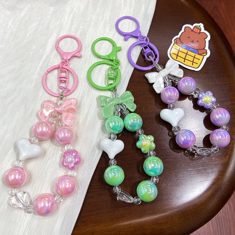 Creative small fresh candy color beaded keychain bow love key chain bag small pendant bracelet - Image 3