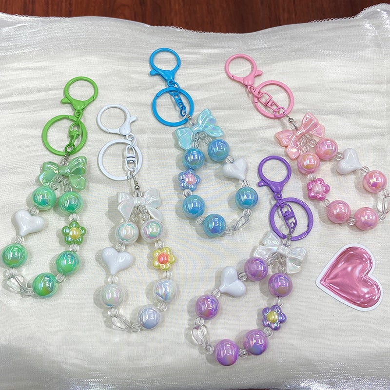 Creative small fresh candy color beaded keychain bow love key chain bag small pendant bracelet - Image 2