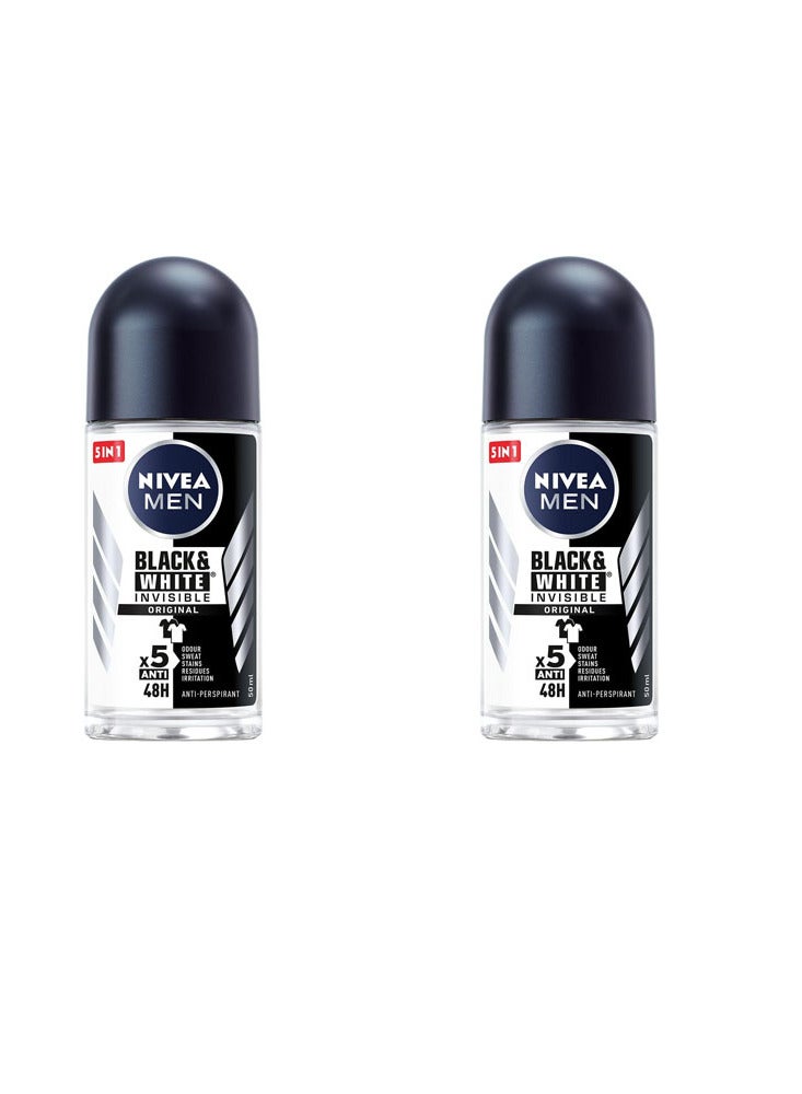 NIVEA MEN Antiperspirant Roll-on for Men, Black & White Invisible Protection Fresh, 2x50ml - Image 1