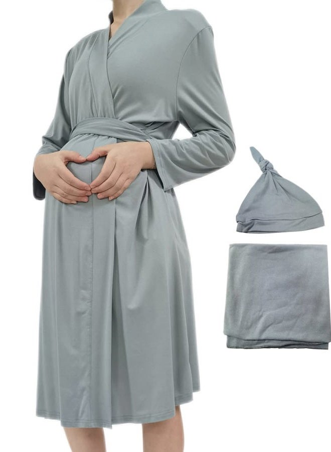 SUFEINI Maternity Robes and Matching Swaddle Blanket Set, Women Mommy Postpartum Robe Hospital Labor and Delivery Gown - Image 1