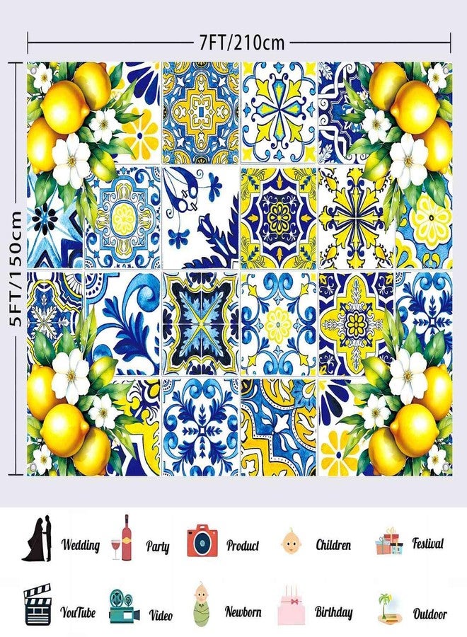 LDWLYW 7x5ft Blue Yellow Lemon Backdrop Party Decorations Summer Italian Blue Tiles Capri Lemon Themed Party Decor for Bridal Shower Birthday Photography Background Photo Booth Props - Image 2