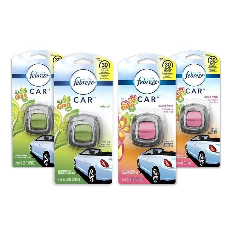 Febreze Car Air Freshener, 2 Gain Original and 2 Gain Island Fresh Scents, Odor Eliminator for Strong Odors (4 Count) - Image 1