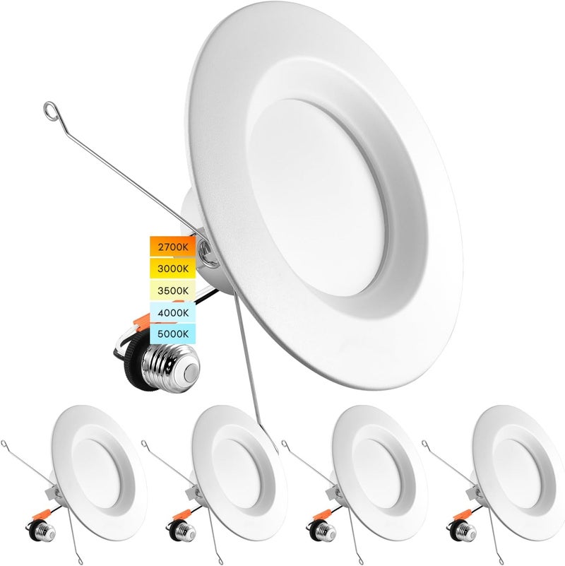 LUXRITE 5/6 Inch LED Recessed Retrofit Downlight, 14W=90W, CCT Color Selectable 2700K | 3000K | 3500K | 4000K | 5000K, Dimmable Can Light, 1100 Lumens, Wet Rated, Energy Star, Smooth Trim (4 Pack) - Image 1