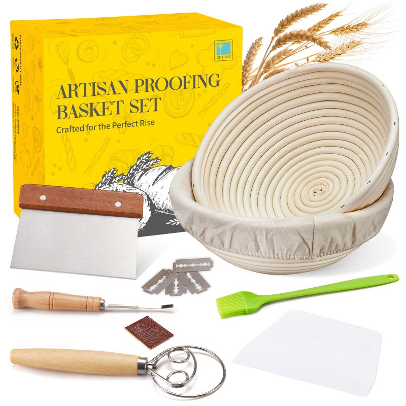 Dimpola Banneton Proofing Basket for Sourdough Bread, Handmade & Natural Rattan - Round Dough Rising Basket for Baking - Perfect for Artisan Breads (Round of 2 Gift Set) - Image 1