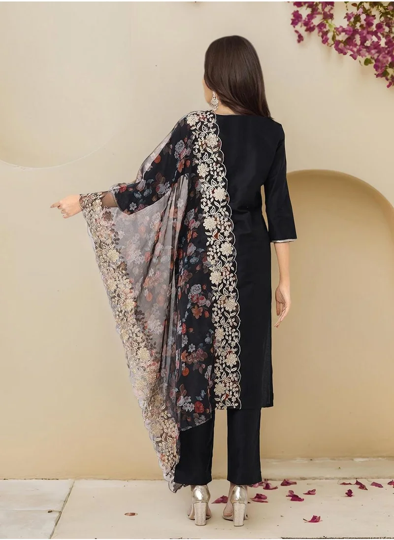 ISHIN Women's Black Polyester Blend Embellished Tunic Full Length Casual Straight Fit Kurta Set
